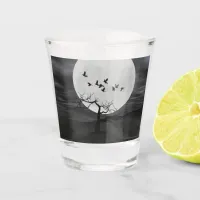 Spooky Ravens Flying Against the Full Moon Shot Glass