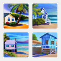 Watercolor Style Tropical Beach Art Coaster Set