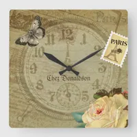 Vintage Paris themed French customizable Square Wall Clock