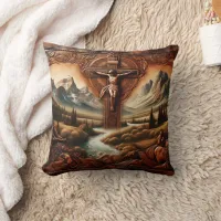 Jesus on the Cross Surrounded by Nature at Sunset Throw Pillow