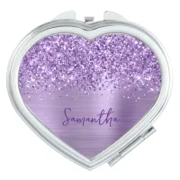 Glittery Light Purple Glam Script Name Heart Compact Mirror