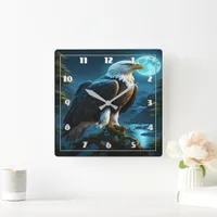 Eagle Perched at Night Under Full Moon Square Wall Clock