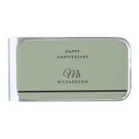 Minimalist Sage Green Mr Happy Wedding Anniversary Silver Finish Money Clip