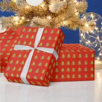 Christmas Gold Foiled Trees on Red Wrapping Paper