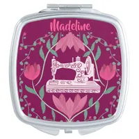 Vintage Sewing Machine:Floral Fuchsia Personalized Compact Mirror