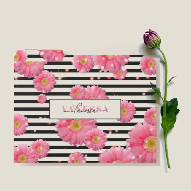Pink Gerbera Flowers On Black And White Stripes  File Folder