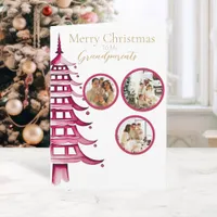 Red Christmas Pagoda Tree Grandparent 3-Photo  Card