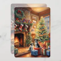 Festive decorated room, fireplace, dogs, vintage 