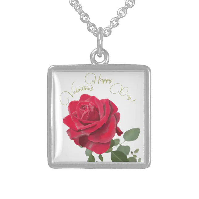 Hand painted red rose sterling silver necklace