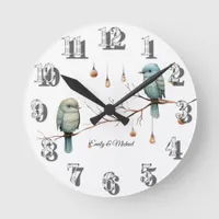 Rustic Woodland Love Birds Celebration Round Clock