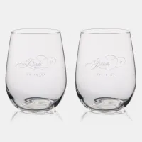 Ornate Calligraphy Hearts Bride Groom ID1025 Stemless Wine Glass