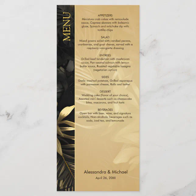 Modern Black Gold Tropical Leaves Wedding Menu