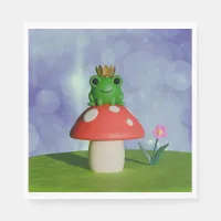Cute Cartoon Frog Wearing a Crown on a Mushroom Napkins