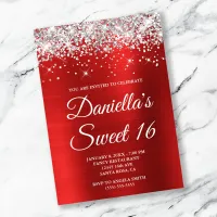 Silver Glitter Bright Red Foil Sweet 16 Invitation