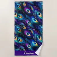 Glamorous Peacock Feather Purple Beach Towel