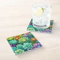 Colorful Succulents Collage Glass Coaster