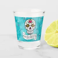 Sugar Skulls and Swirls Rose Turquoise ID725 Shot Glass