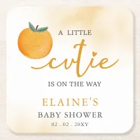 A Little Cutie Is On The Way Orange Baby Shower  Square Paper Coaster