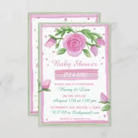 Pink and Sage Watercolor Roses Girl's Baby Shower Invitation