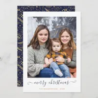 Navy Blue Gold Simple Script Merry Christmas Photo Holiday Card