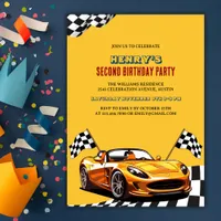 Yellow Race Car Theme Boy 2nd Birthday Party Invitation