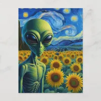 Green Alien in a Faux Van Gogh Sunflower Field Postcard