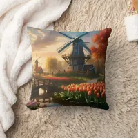 Windmill in Dutch Countryside by River with Tulips Throw Pillow