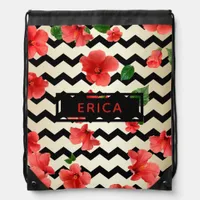 Red Hibiscus Flowers On Black And Beige Chevron Drawstring Bag