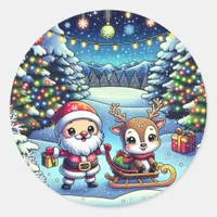 Cute Cartoon Santa and Reindeer Christmas Classic Round Sticker