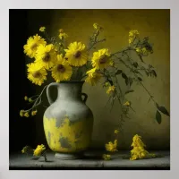 Antique Vase of Yellow Flowers Poster