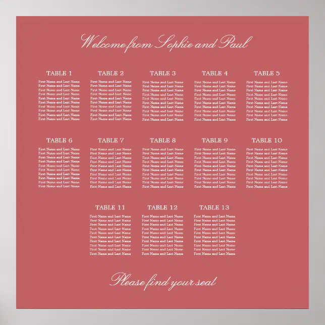 Dusty Rose Pink 13 Table Seating Chart Poster