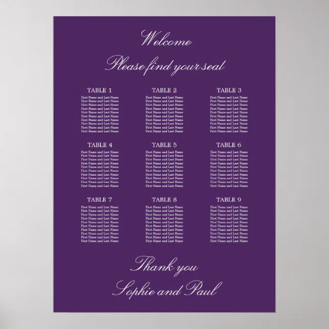 Dark Purple 9 Table Wedding Seating Chart Poster