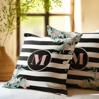 Blush Floral on Black and White Stripe Monogrammed Throw Pillow