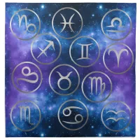 Twelve Grey Zodiac Symbols on blue galaxy | Cloth Napkin