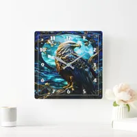 Eagle Perched on Tree Branch at Night Square Wall Clock