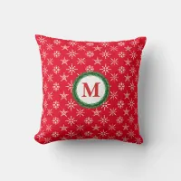 Monogram Wreath White Snowflakes in Red Background Throw Pillow