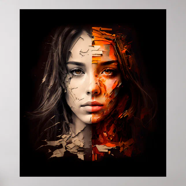 Woman's Face Left/Right Split Oil Painting Poster