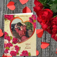 Romantic Kiss Vintage Valentine Heart and Roses Card