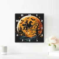 Witch riding a horse against a Halloween moon Square Wall Clock