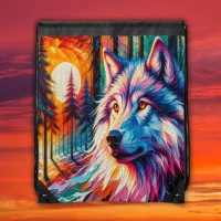 Wolf Face with Sun & Forest | Drawstring Bag