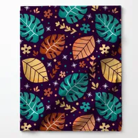 Teal Yellow Orange Tropical Monstera Leaf Pattern Fabric