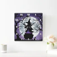 Enchanting witch brews potions under a full moon square wall clock