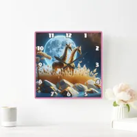 Graceful giraffes under a glowing moon in Africa Square Wall Clock