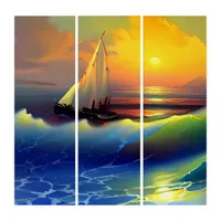 Ocean Waves, Sailboat and Sunset Reflection Triptych