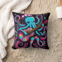 Colorful Octopus Playing Guitar In Vibrant Style Throw Pillow