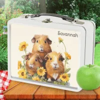 Cute Guinea Pigs Flowers Pretty Pet Animal Themed Metal Lunch Box