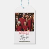 Retro Pink Photo Festive Merry Bright Christmas Gift Tags