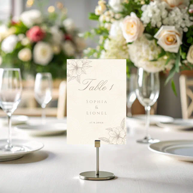 Minimalist Elegant Outline Floral Wedding Table Number