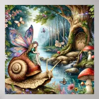 Pretty Fairy Land with cute Snail and Butterflies Poster