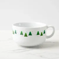 Christmas tree forest, snowflakes, red blue dots soup mug